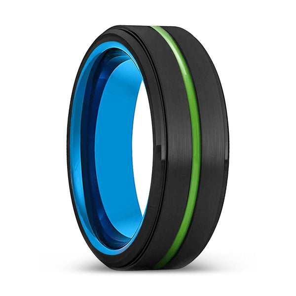 WACO | Blue Tungsten Ring, Black Tungsten Ring, Green Groove, Stepped Edge - Rings - Aydins Jewelry - 1