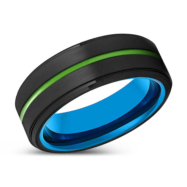 WACO | Blue Tungsten Ring, Black Tungsten Ring, Green Groove, Stepped Edge - Rings - Aydins Jewelry - 2