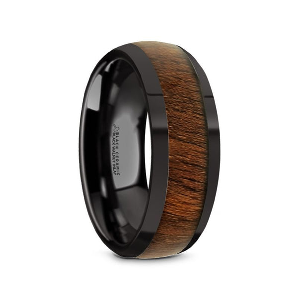 WALLACE | Black Ceramic Ring, Black Walnut Wood Inlay, Domed
