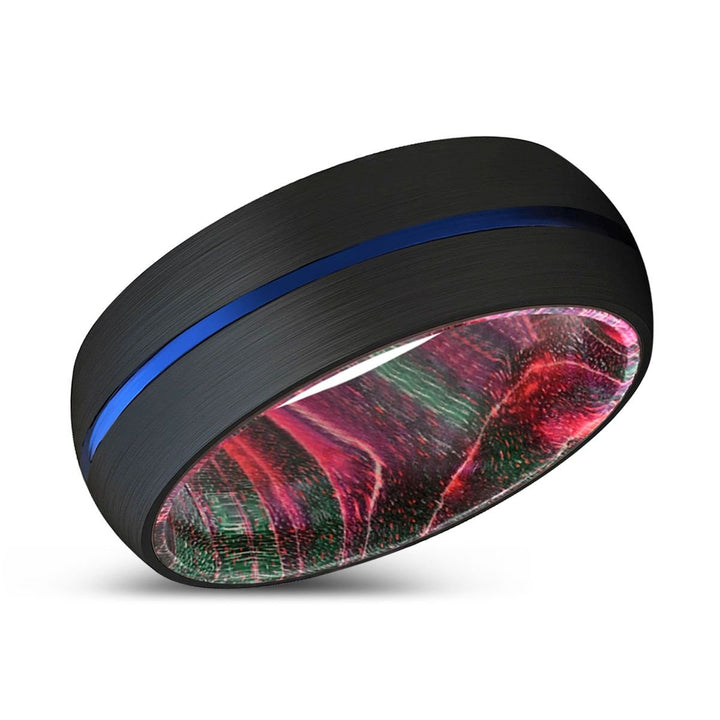 WALLACE | Green & Red Wood, Black Tungsten Ring, Blue Groove, Domed - Rings - Aydins Jewelry - 2