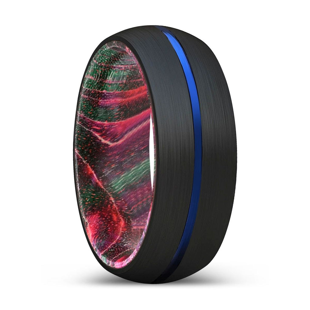 WALLACE | Green & Red Wood, Black Tungsten Ring, Blue Groove, Domed