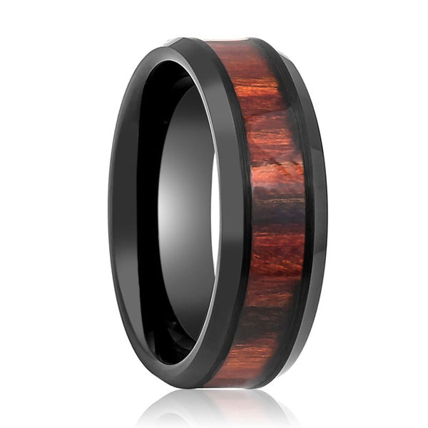 WARDEN | Black Tungsten Ring, Dark Mahogany Wood Inlay, Beveled Edge - Rings - Aydins Jewelry - 1