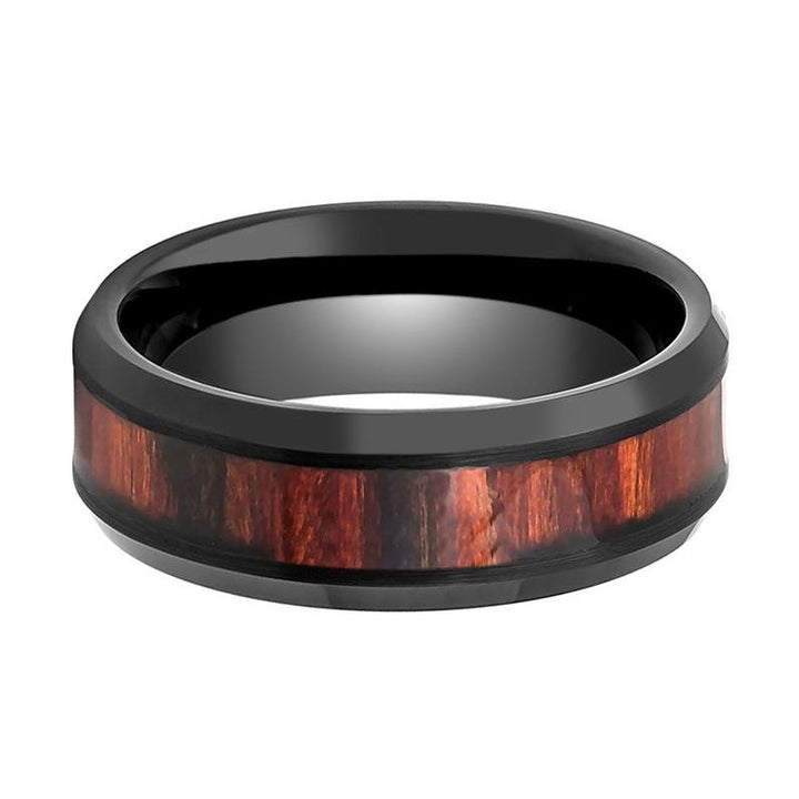 WARDEN | Black Tungsten Ring, Dark Mahogany Wood Inlay, Beveled Edge - Rings - Aydins Jewelry - 2
