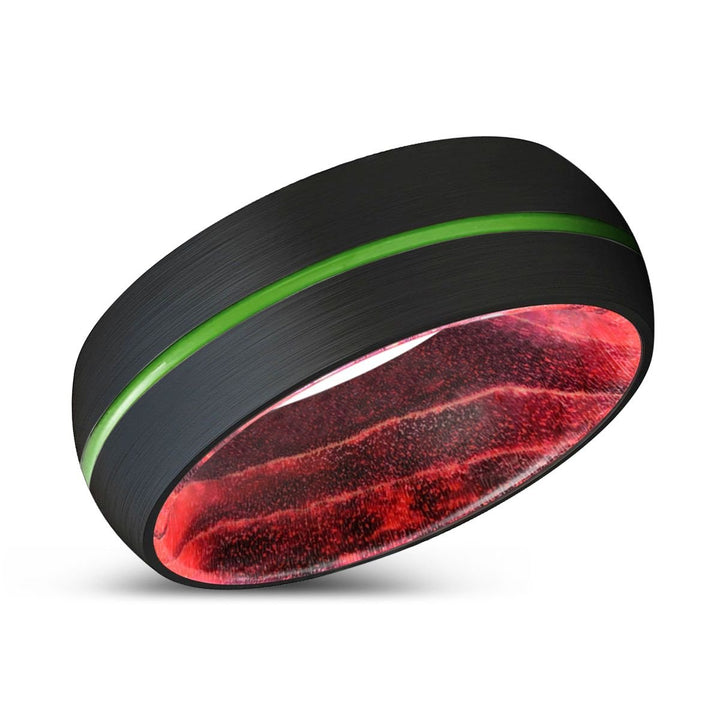 WAYDE | Black & Red Wood, Black Tungsten Ring, Green Groove, Domed - Rings - Aydins Jewelry