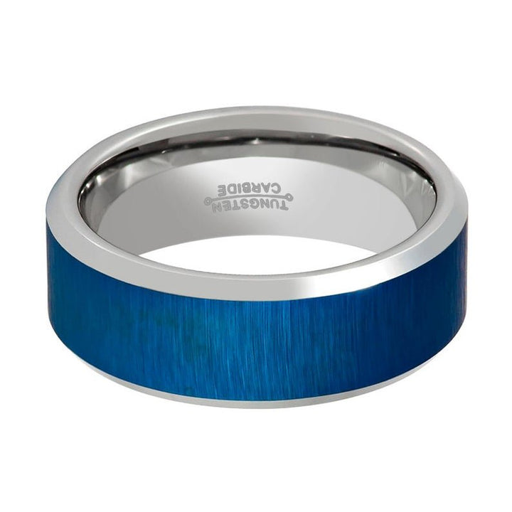 WAYLON | Silver Tungsten Ring, Blue Brushed, Beveled - Rings - Aydins Jewelry - 2