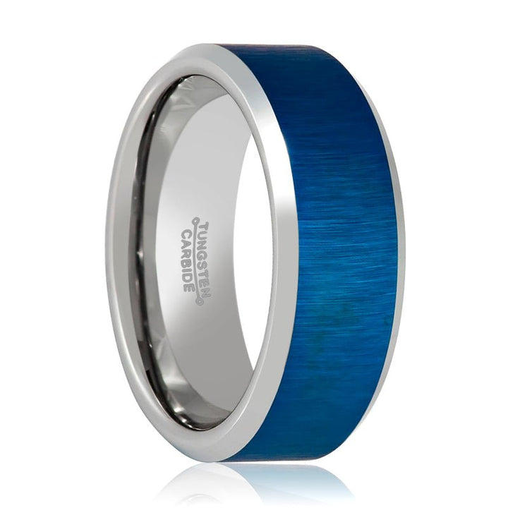 WAYLON | Silver Tungsten Ring, Blue Brushed, Beveled - Rings - Aydins Jewelry - 1