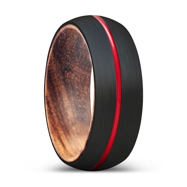 WEASEL | Zebra Wood, Black Tungsten Ring, Red Groove, Domed - Rings - Aydins Jewelry - 1
