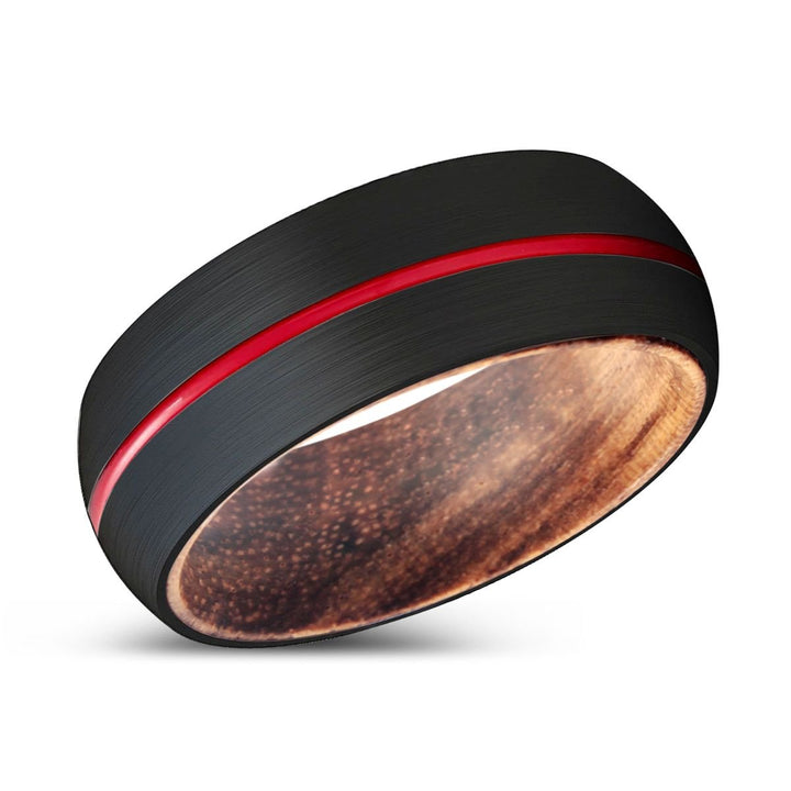 WEASEL | Zebra Wood, Black Tungsten Ring, Red Groove, Domed - Rings - Aydins Jewelry - 2