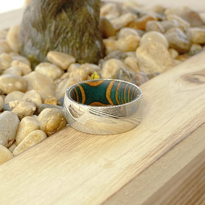 WEDGE | Green & Yellow Wood, Silver Damascus Steel, Domed - Rings - Aydins Jewelry - 7