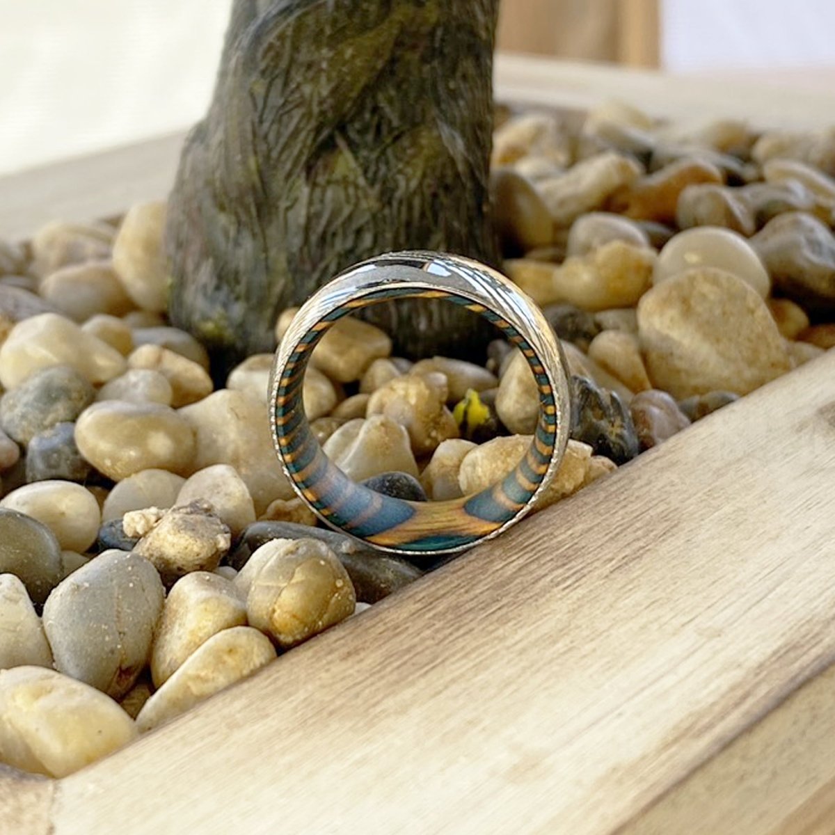 WEDGE | Green & Yellow Wood, Silver Damascus Steel, Domed - Rings - Aydins Jewelry - 5