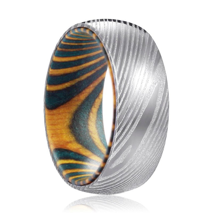 WEDGE | Green & Yellow Wood, Silver Damascus Steel, Domed - Rings - Aydins Jewelry - 1