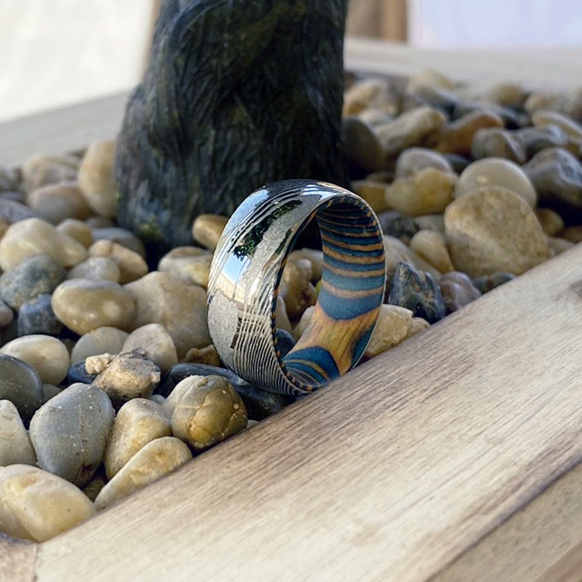 WEDGE | Green & Yellow Wood, Silver Damascus Steel, Domed - Rings - Aydins Jewelry - 6