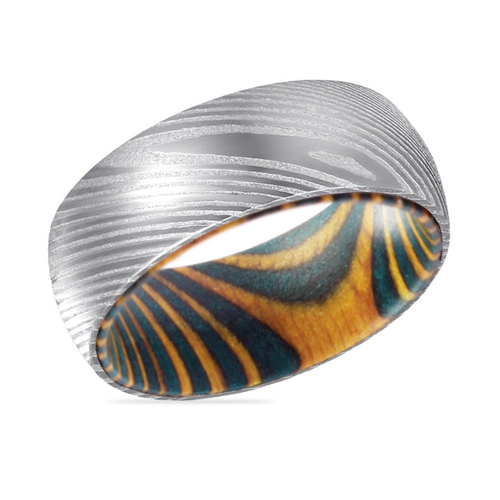 WEDGE | Green & Yellow Wood, Silver Damascus Steel, Domed - Rings - Aydins Jewelry - 2