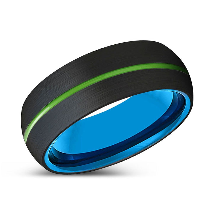 WELLINGTON | Blue Tungsten Ring, Black Tungsten Ring, Green Groove, Domed - Rings - Aydins Jewelry - 2
