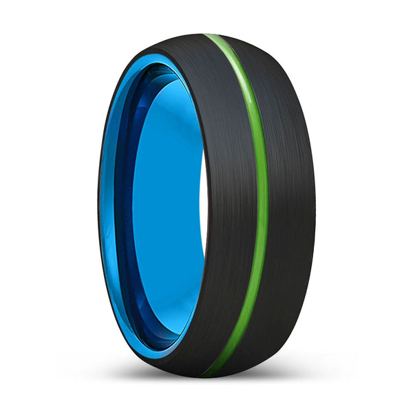 WELLINGTON | Blue Tungsten Ring, Black Tungsten Ring, Green Groove, Domed - Rings - Aydins Jewelry - 1