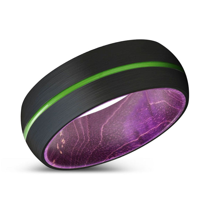 WEREWOLF | Purple Wood, Black Tungsten Ring, Green Groove, Domed - Rings - Aydins Jewelry - 2