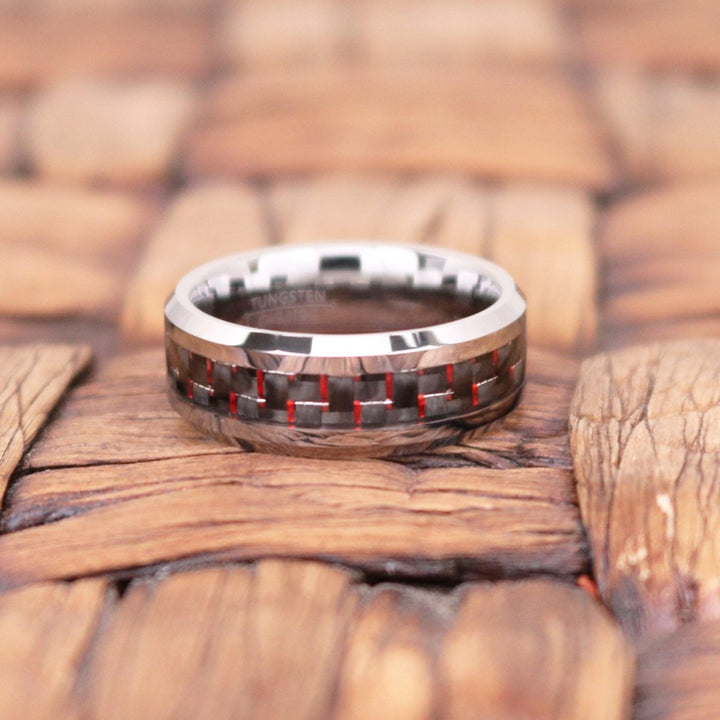WHISPER | Silver Tungsten Ring, Red Carbon Fiber Inlay, Beveled - Rings - Aydins Jewelry - 4