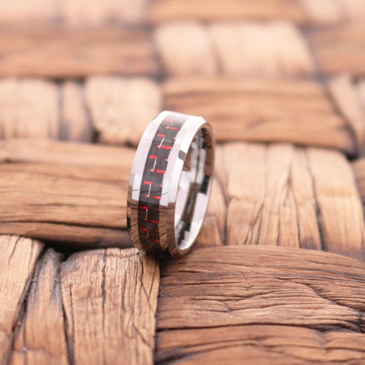 WHISPER | Silver Tungsten Ring, Red Carbon Fiber Inlay, Beveled - Rings - Aydins Jewelry - 3
