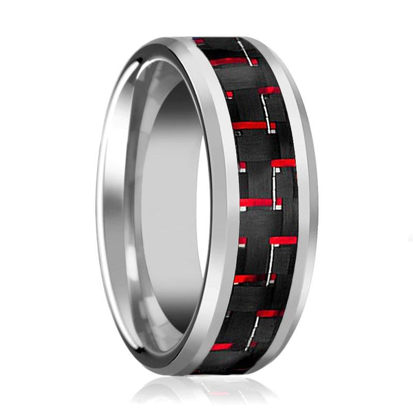 WHISPER | Silver Tungsten Ring, Red Carbon Fiber Inlay, Beveled - Rings - Aydins Jewelry - 1