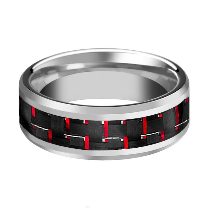 WHISPER | Silver Tungsten Ring, Red Carbon Fiber Inlay, Beveled - Rings - Aydins Jewelry - 2