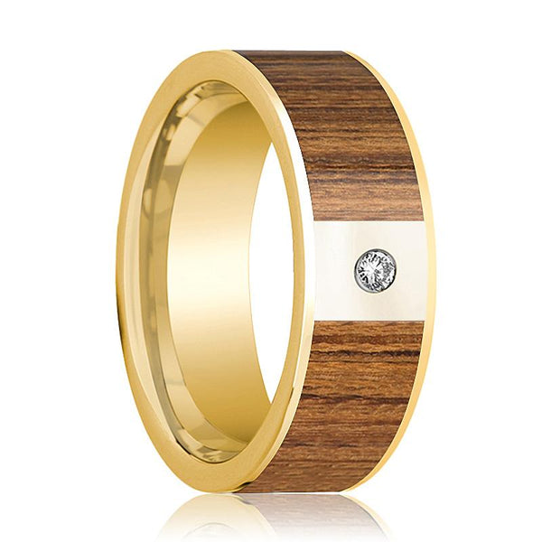 Mens Wedding Band Polished 14k Yellow Gold Wedding Ring with Teak Wood Inlay & Diamond - 8mm - AydinsJewelry