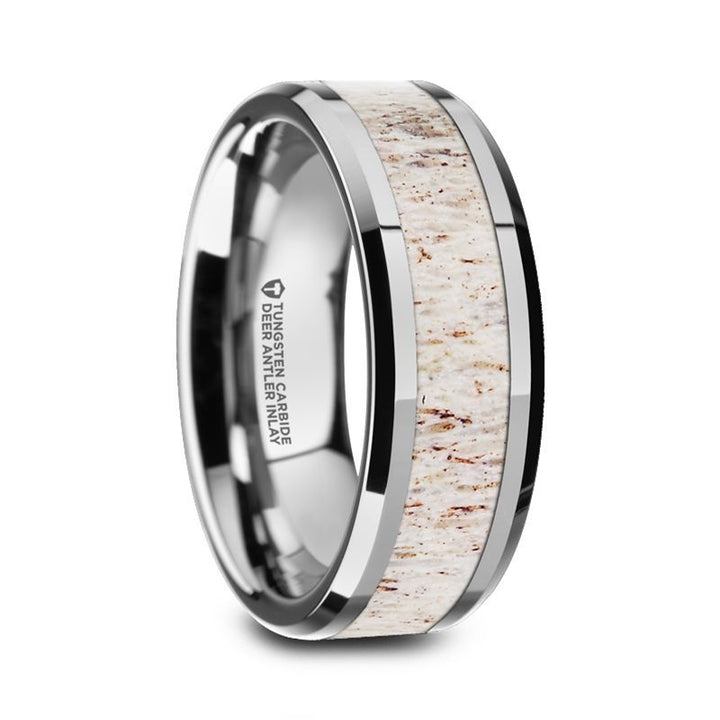 WHITETAIL | Silver Tungsten Ring, Off-White Deer Antler Inlay, Beveled - Rings - Aydins Jewelry - 1
