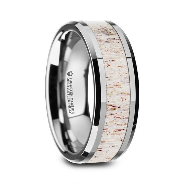 WHITETAIL | Silver Tungsten Ring, Off-White Deer Antler Inlay, Beveled - Rings - Aydins Jewelry - 1