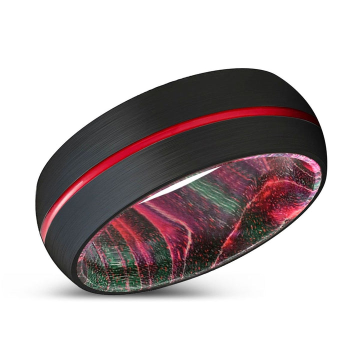 WICKED | Green & Red Wood, Black Tungsten Ring, Red Groove, Domed - Rings - Aydins Jewelry - 2