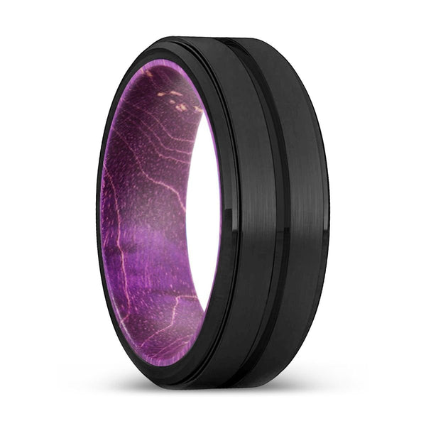 WILDE | Purple Wood, Black Tungsten Ring, Grooved, Stepped Edge - Rings - Aydins Jewelry - 1