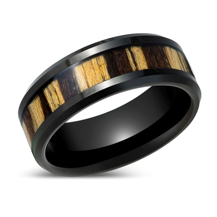 WILDSTRIPE | Black Tungsten Ring, Zebra Wood Inlay, Beveled Edge - Rings - Aydins Jewelry - 2