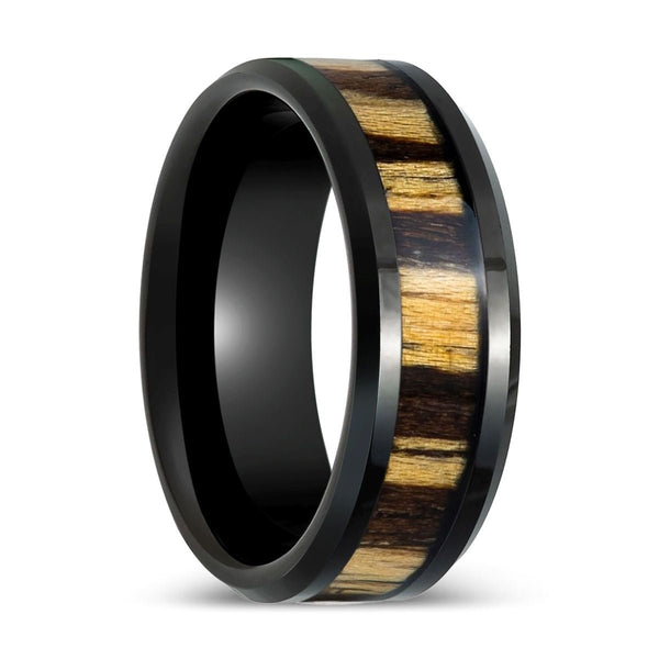 WILDSTRIPE | Black Tungsten Ring, Zebra Wood Inlay, Beveled Edge - Rings - Aydins Jewelry - 1