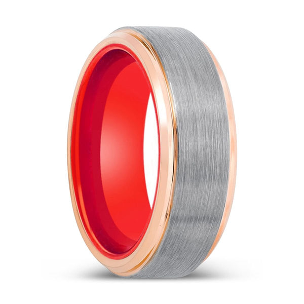 WILDY | Red Ring, Silver Tungsten Ring, Brushed, Rose Gold Stepped Edge