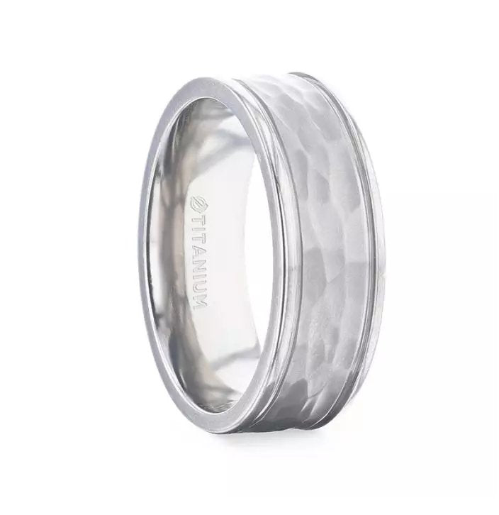 WILLIAM Hammered Finish Center White Titanium Men's Wedding Band With Dual Offset Grooves And Polished Edges - 8mm - Rings - Aydins Jewelry