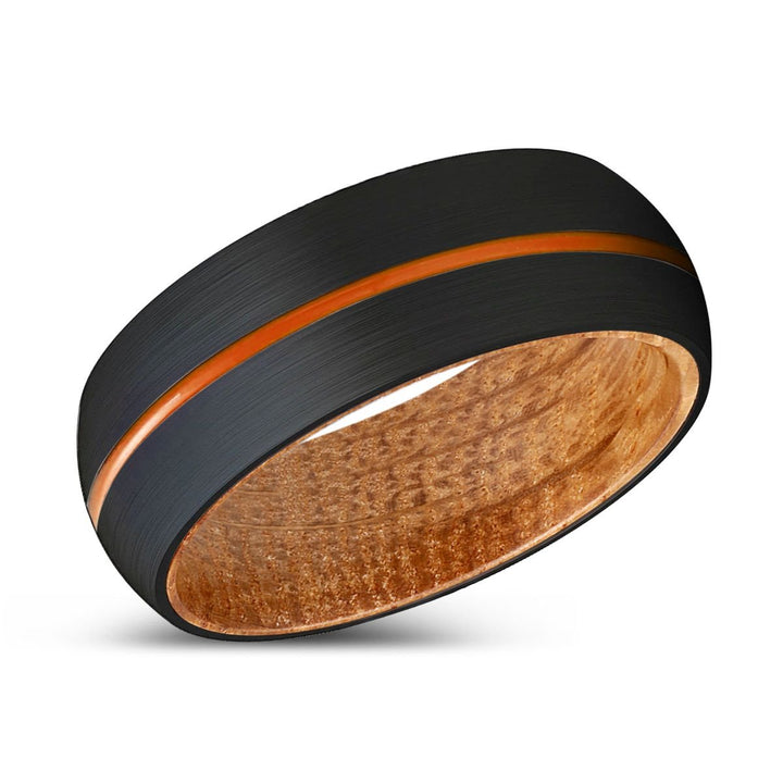 WINDROSE | Whiskey Barrel Wood, Black Tungsten Ring, Orange Groove, Domed - Rings - Aydins Jewelry - 2