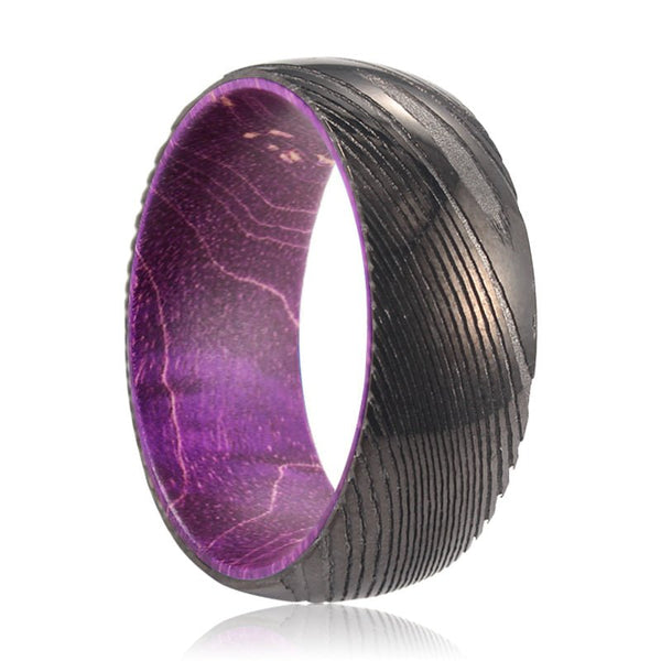 WINKLE | Purple Wood, Gunmetal Damascus Steel Ring, Domed - Rings - Aydins Jewelry - 1