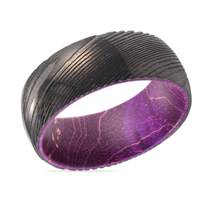 WINKLE | Purple Wood, Gunmetal Damascus Steel Ring, Domed - Rings - Aydins Jewelry - 2