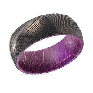 WINKLE | Purple Wood, Gunmetal Damascus Steel Ring, Domed - Rings - Aydins Jewelry - 2