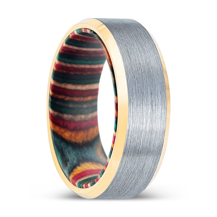 WODEROS | Multi Color Wood, Brushed, Silver Tungsten Ring, Gold Beveled Edges - Rings - Aydins Jewelry - 1