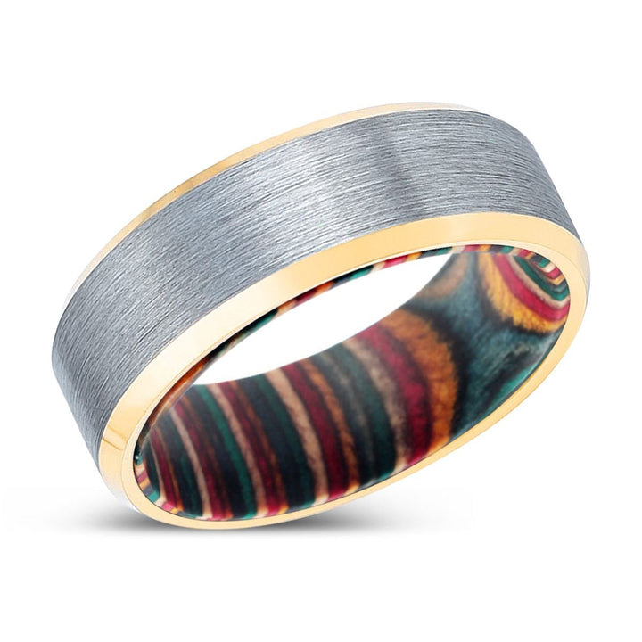 WODEROS | Multi Color Wood, Brushed, Silver Tungsten Ring, Gold Beveled Edges - Rings - Aydins Jewelry - 2