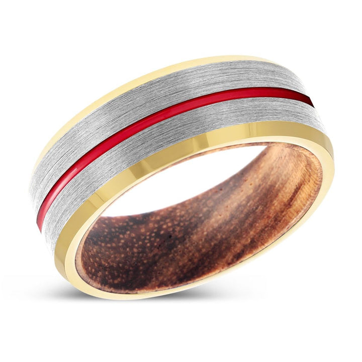 WOLFE | Zebra Wood, Silver Tungsten Ring, Red Groove, Gold Beveled Edge - Rings - Aydins Jewelry - 2