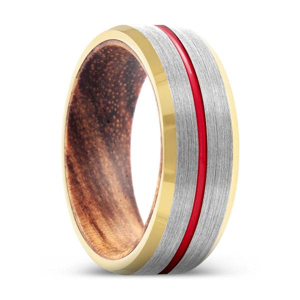 WOLFE | Zebra Wood, Silver Tungsten Ring, Red Groove, Gold Beveled Edge - Rings - Aydins Jewelry - 1