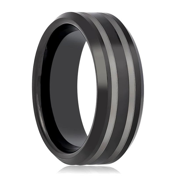 WOLSEY | Black Tungsten Ring, Double Laser Engraved Lines, Beveled - Rings - Aydins Jewelry - 1