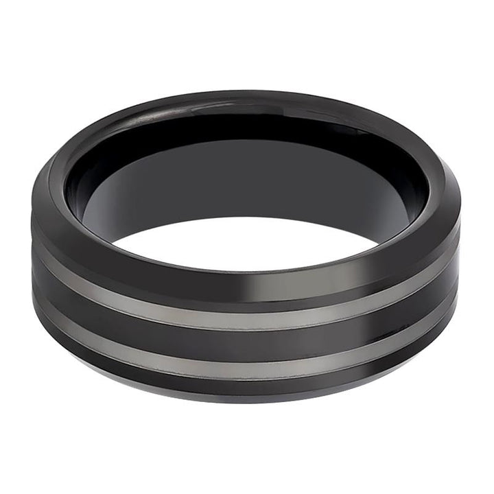 WOLSEY | Black Tungsten Ring, Double Laser Engraved Lines, Beveled - Rings - Aydins Jewelry - 2