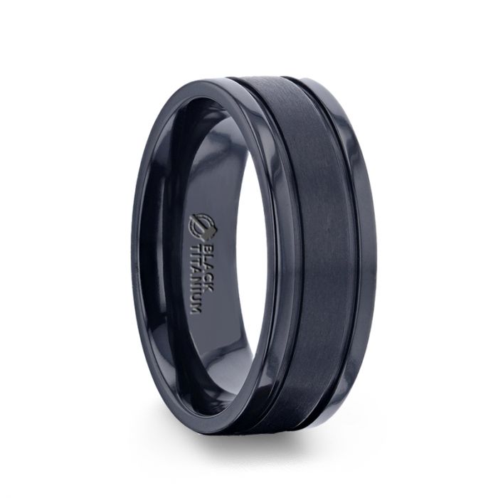 WOLVERINE Brushed Center Black Titanium Men's Wedding Band With Polished Dual Offset Grooves - 8mm - Rings - Aydins Jewelry - 1