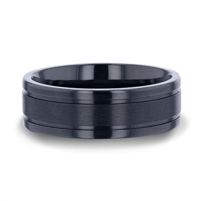 WOLVERINE Brushed Center Black Titanium Men's Wedding Band With Polished Dual Offset Grooves - 8mm - Rings - Aydins Jewelry - 3