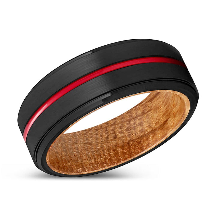 WONDER | Whiskey Barrel Wood, Black Tungsten Ring, Red Groove, Stepped Edge - Rings - Aydins Jewelry