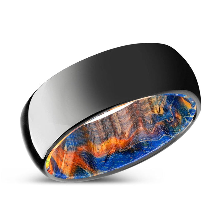 WOODLAND | Blue & Yellow/Orange Wood, Black Tungsten Ring, Shiny, Domed - Rings - Aydins Jewelry - 2