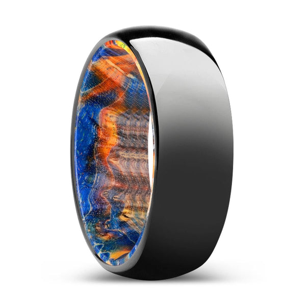 WOODLAND | Blue & Yellow/Orange Wood, Black Tungsten Ring, Shiny, Domed - Rings - Aydins Jewelry - 1