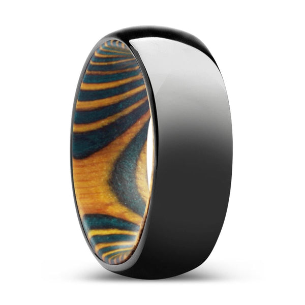 WOODLORE | Green & Yellow Wood, Black Tungsten Ring, Shiny, Domed - Rings - Aydins Jewelry - 1
