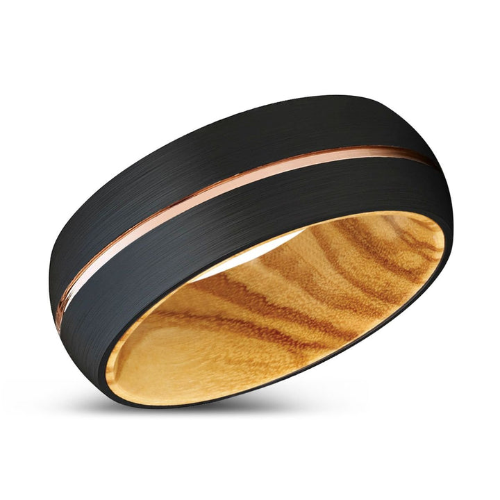 WOODS | Olive Wood, Black Tungsten Ring, Rose Gold Groove, Domed - Rings - Aydins Jewelry - 2